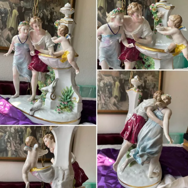 Capodimonte Lovers Cherub Doves Fountain ANTIQUE Signed Italy Porcelain Figure 2