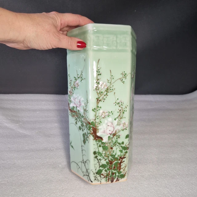 🔅 Japon grand vase en porcelaine fond céladon Seto 30 cm