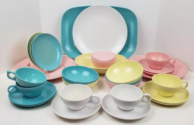 VTG Melmac Beverly By Prolon 30 Pc. Dish Set Pink Blue Yellow White Mid-Century