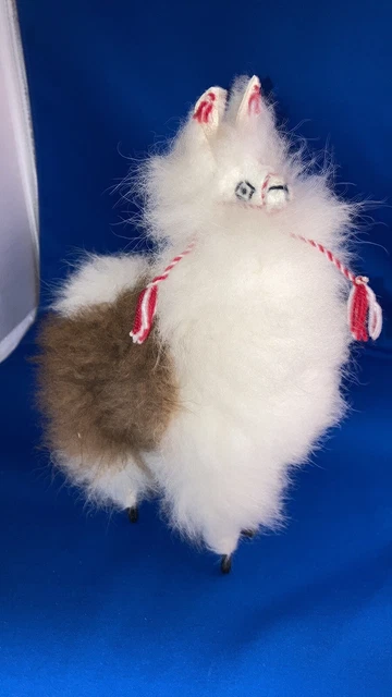 Vintage Llama Real Fur Alpaca Figure Wooly White and tan with 10" Tall 7” wide