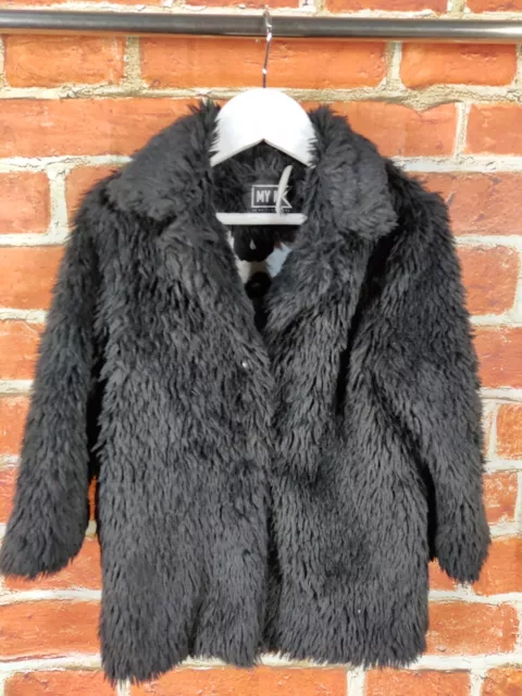 Girls Mothercare My K Black Faux Fur Fluffy Coat Jacket Age 3-4 Years Kids 104Cm