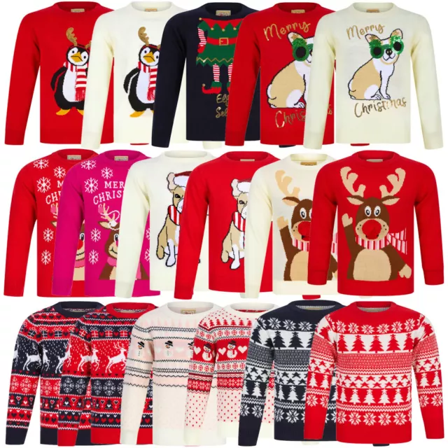 Kids Girls Christmas Jumper Novelty Funny Reindeer Penguin Xmas Fairisle Sweater