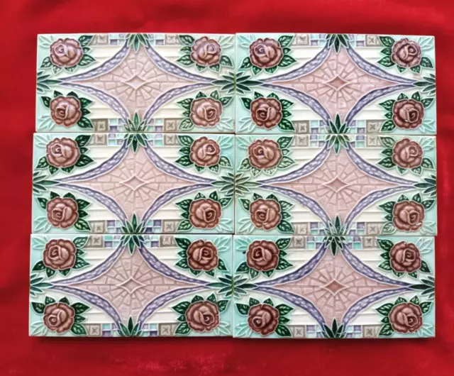 6 Piece Lot Old Art Flower Embossed Design Majolica Ceramic Tiles Japan 0407