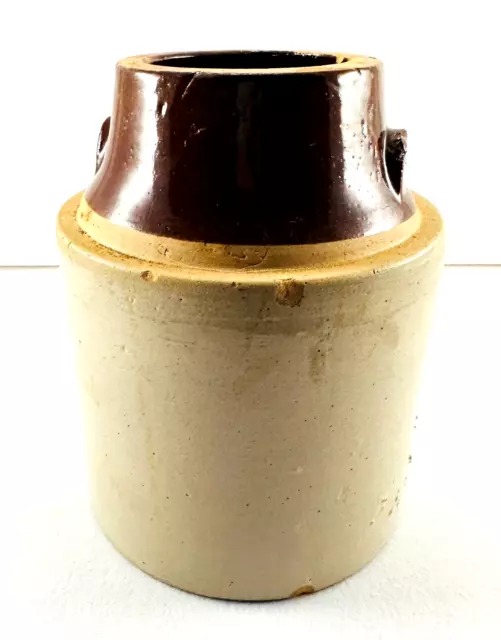 Antique Two Tone Stoneware Crock Brown Glazed Top Beige Bottom Holes for handle