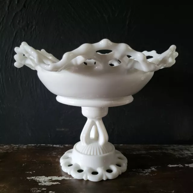 Vintage Westmoreland Lace Edge White Milk Glass Fruit Bowl, Pedestal Bowl