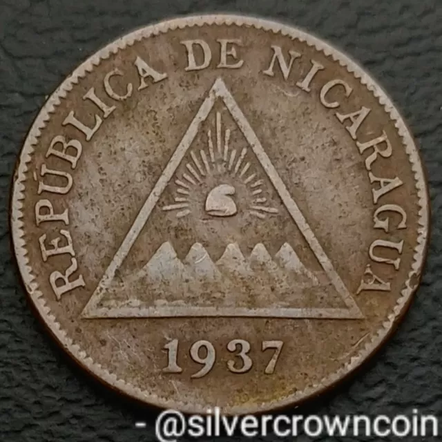 Nicaragua Un Centavo de Cordoba 1937. KM#11. One Cent coin. Cap & Mountains.