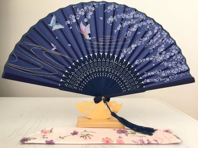 Japanese Silk Hand Fan - Cherry blossom n Sakura with Silk Fan Holder SSF039