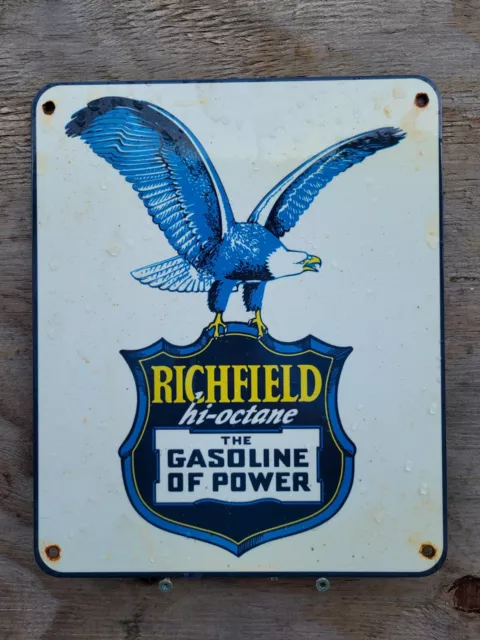 Vintage Richfield Porcelain Sign Hi-Octane Gasoline Power Motor Service Eagle