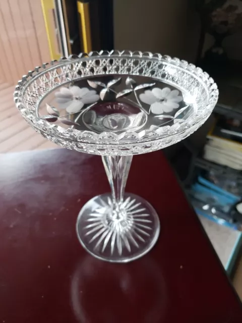 8" COMPOTE Bowl American Brilliant Period Cut Glass Crystal Flower & Cane Chain