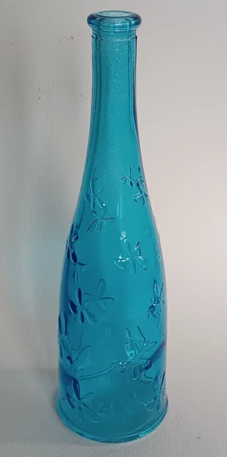 Ancienne Carafe Bouteille En Verre Bleu – Motif Floral – Vintage – À Nettoyer