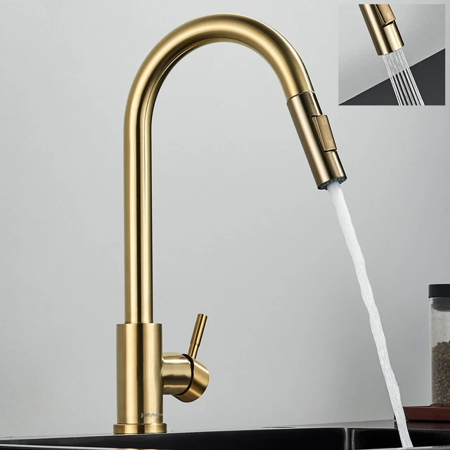 Pull Out Sprayer Faucet Mono Kitchen Sink Mixer Tap Single Handle Brushed Gold