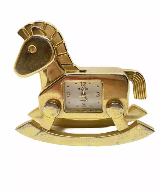 Vintage "Elgin" Gold Tone Rocking Horse Mini Clock-New Battery Quartz