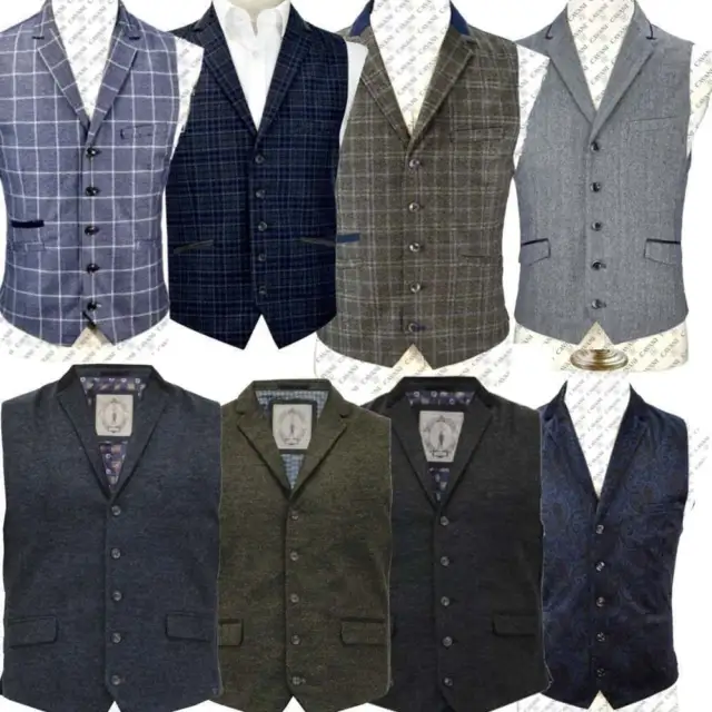 CAVANI MENS WAISTCOAT Wool Mix Cord Formal Vest Herringbone Tweed Check ...