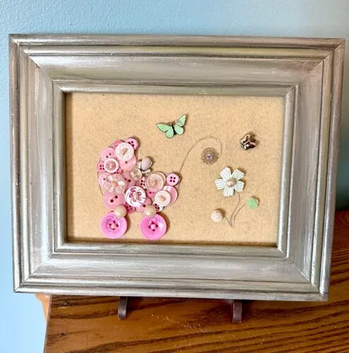 Vintage Jewlery/Buttons, Pink Baby Buggy, Framed