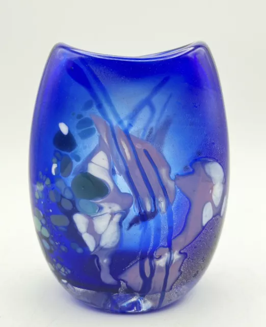 Art Glass Vase 5" Signed Ann Corcoran Blue Pink White 1992
