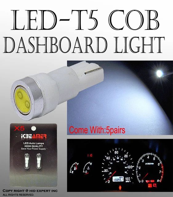 10 pcs LED COB T5 White Ash Tray Dashboard Gauge Direct Plugin Light Bulbs Y103