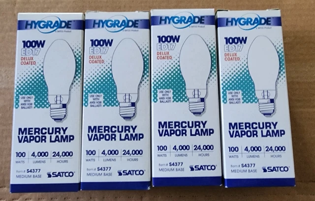 Lot of 4 NEW Satco 100w ED17 Delux Coated Mercury Vapor Lamp Light Bulbs S4377