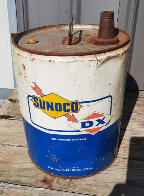 Vintage Sunoco Dx 5 Gallon Can Empty Used White Blue Large Gas Oil Can Used Vtg