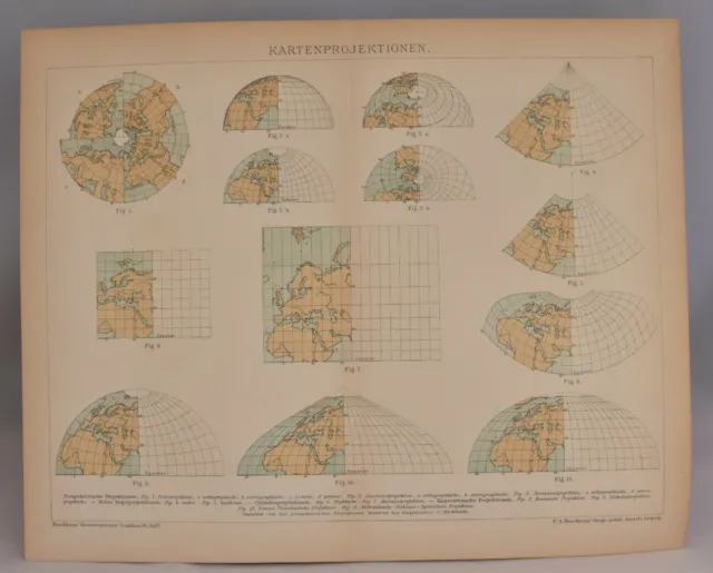 Rare German Map Projections Antique Print | Old Collectable Brockhaus 1893-97