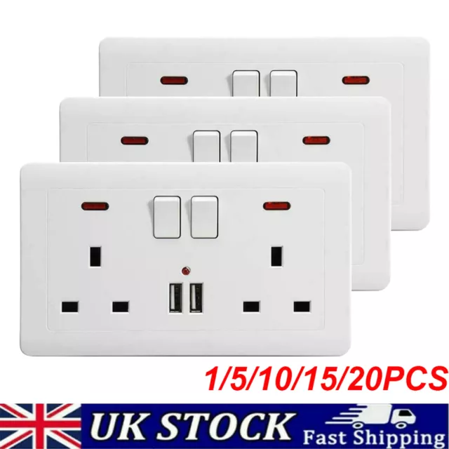 10x Double Wall Plug Socket 2 Gang 13A w/ 2 Charger USB Ports Outlets Flat Plate