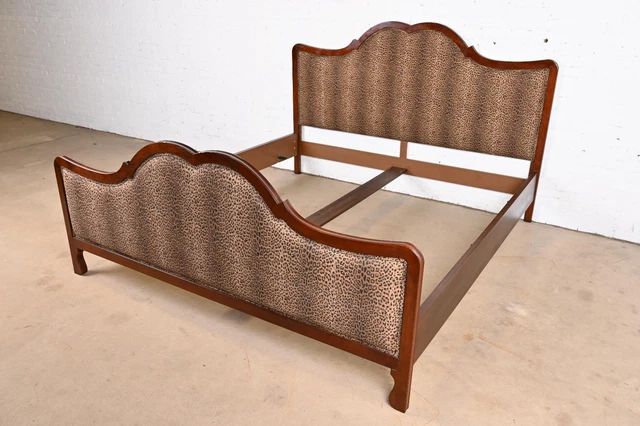 Baker Furniture French Provincial Carved Mahogany and Leopard Print King Bed Baker Furniture French Provincial Carved Mahogany and Leopard Print King Bed