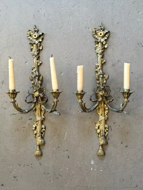 Pair of Antique French Louis XVI Style Gilt Bronze Two Light Wall Sconces