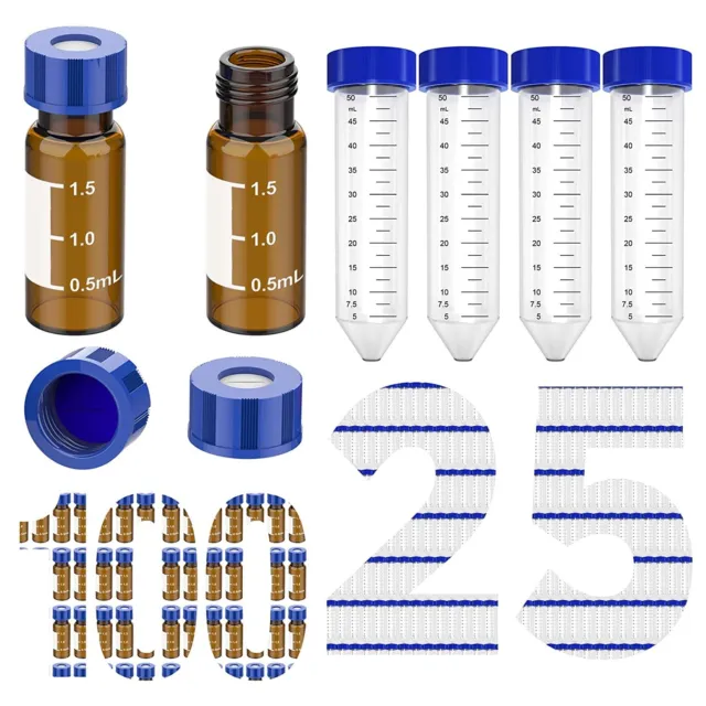 100x 2mL Amber Autosampler Vials Screw Caps +25x 50mL HPLC Centrifuge Tubes Caps