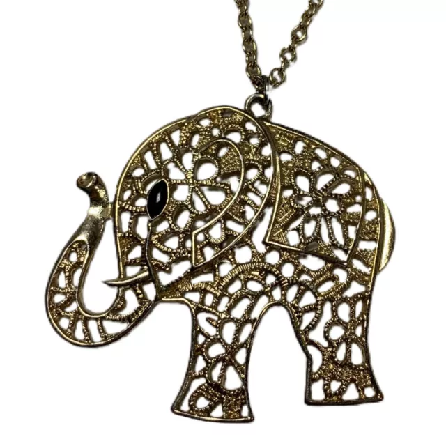 Stunning Large Elephant Pendant Chain Necklace Black Enamel Eye Gold Tone Long