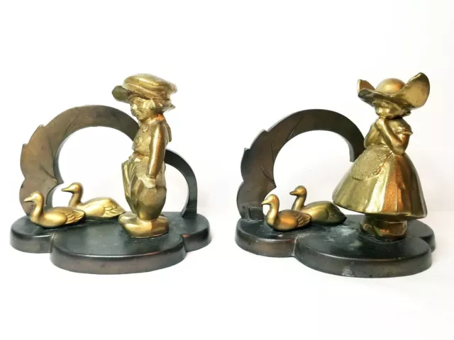 Vintage Signed Frankart Inc Art Deco Gold Brass Bookends Dutch Boy Girl Ducks