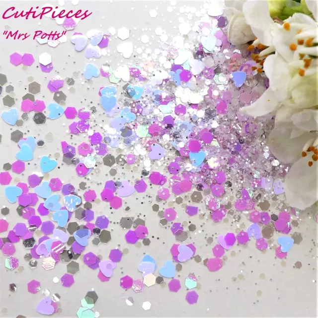 Nail Art Glitter *Mrs Potts" Pastel Iridescent Holographic Hexagon Heart Mix Pot