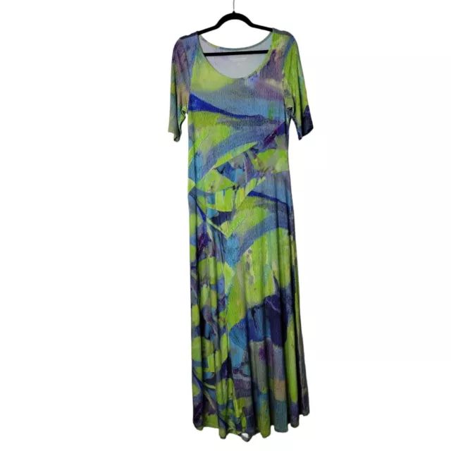 Soft Surroundings Maxi Dress Size S Green Palm Print Stretch Short Sleeve Flowy