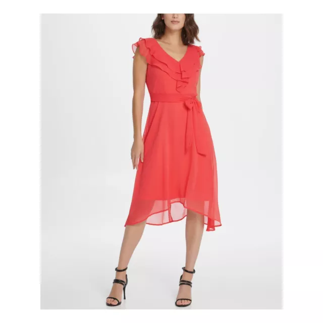 DKNY Dress Size 4 Coral Pink Double Ruffle Belted Faux Wrap Belted Midi NWT