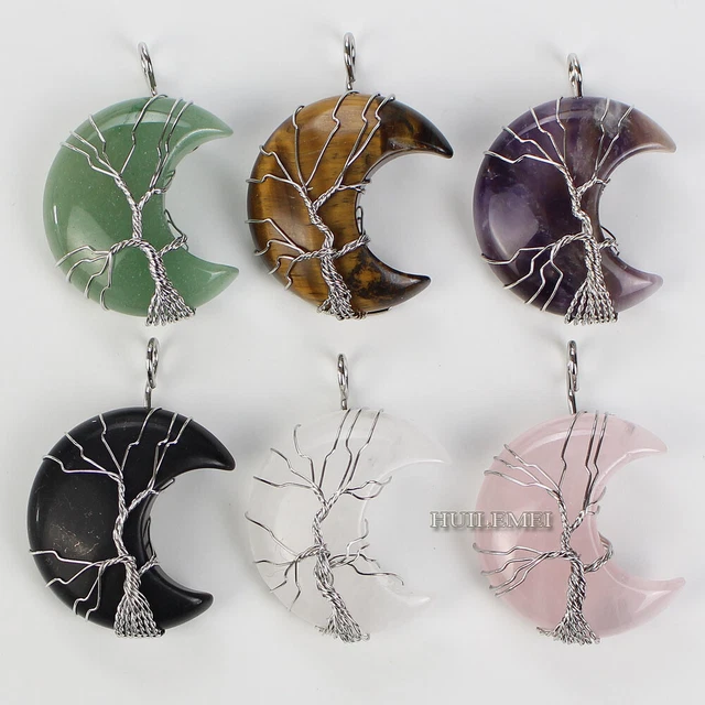 Natural Crystal Quartz Stone Gemstone Moon Tree of Life Wire Wrap Pendant Bead