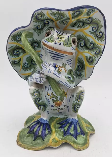 FRENCH MOSANIC FAIENCE POTTERY MODEL FROG WITH LILLY PAD c1900