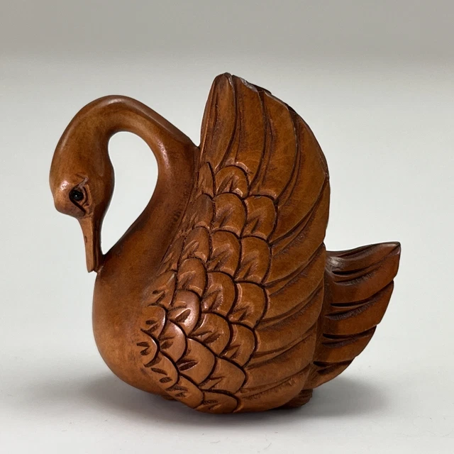 Japanese Netsuke Swan Hand Carved Boxwood 2” Bead Signed 石川 Ishikawa