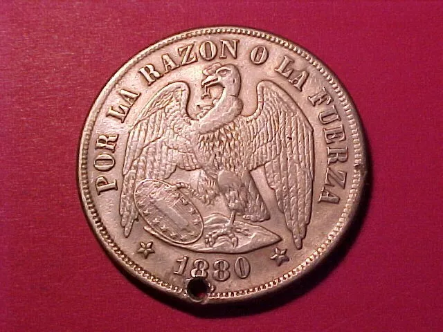 CHILE 1 PESO SILVER CROWN 1880-So NICE DETAIL (HOLED)