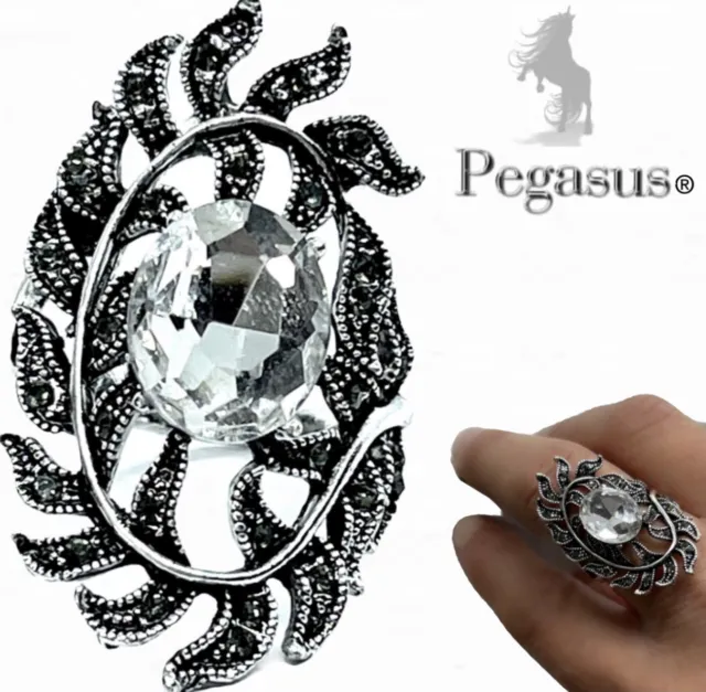SIZE M - Oversized Large Solitaire Crystal & Leaves Ladies Statement Ring