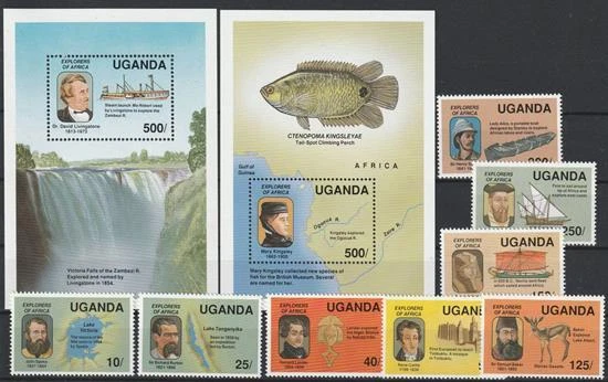 Uganda 1989 ** postfrisch MiNr. 722-729 + Bl. 101, 102 Forscher Persönlichkeiten