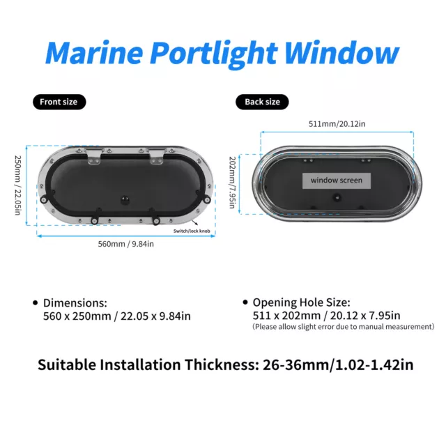 560 X 250mm Fenêtre De Hublot De Bateau Ovale Intérieur Ouvert Verre Trempé