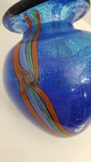 Murano Glass Vase Royal Blue with Red Stripe, Heavyweight, 7" Tall