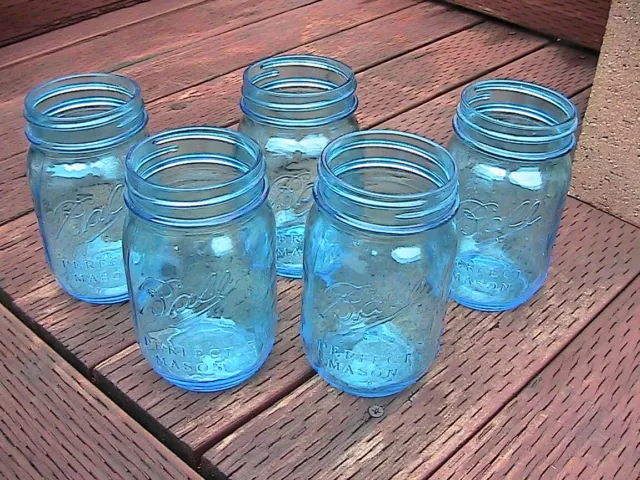 (5) BALL PERFECT MASON PINT JARS 100th ANNIVERSARY 1913-1915, AQUA BLUE, 5.25"