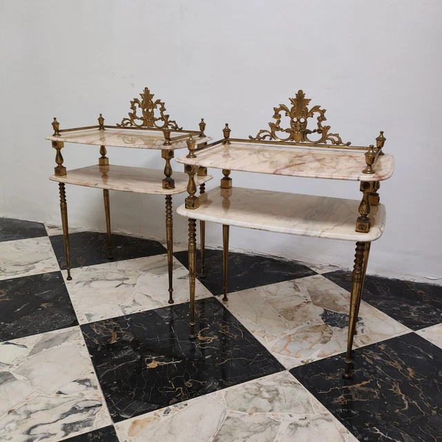 Coppia Comodini francesi anni 50 stile gio ponti, in ottone e marmo vintage