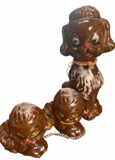 Vintage Japan Redware Brown Poodle Dog With Puppies Figurines Kitschy Cute