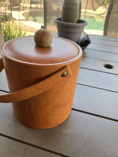 MCM Georges Briard Ice Bucket Vintage 70s  Faux Leather Cinnamon Color White Int