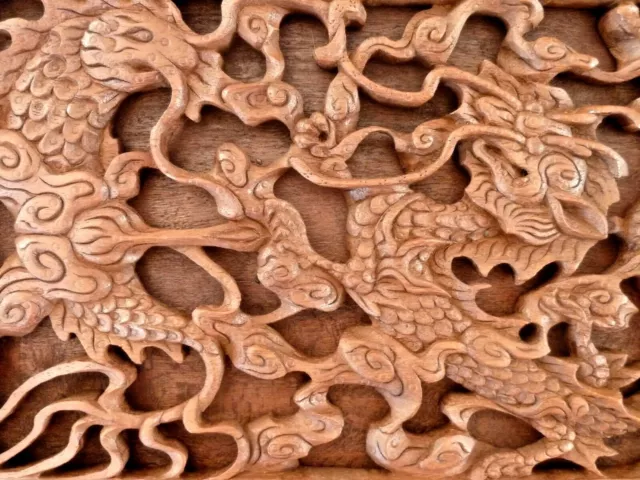 Tableau, panneau de bois sculpté, dragons, Chine, Asie, circa 1900
