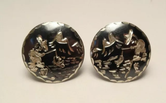 Vintage Signed Igc Hand Etched Fisherman Clip On Earrings Sterling Silver 925