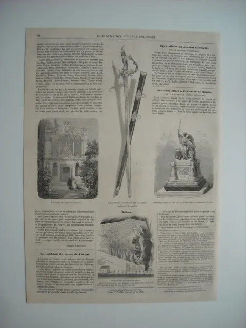 Gravure 1861. Tombeau Comte De Cavour, Village Santena. Epee Offerte Garibaldi..