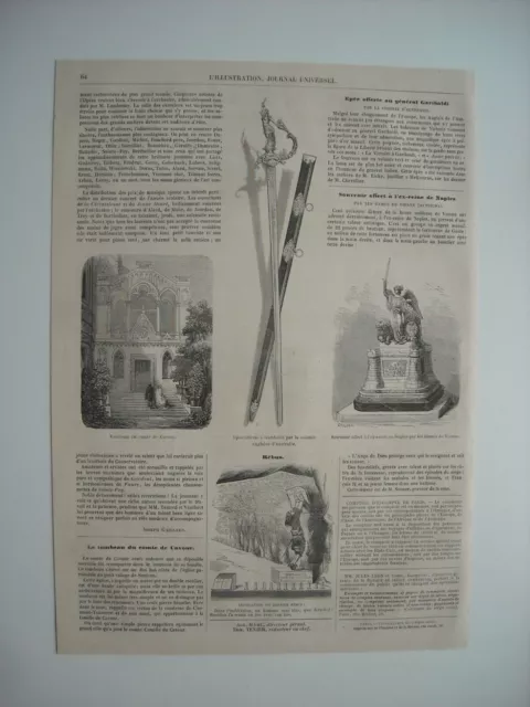 Gravure 1861. Tombeau Comte De Cavour, Village Santena. Epee Offerte Garibaldi..