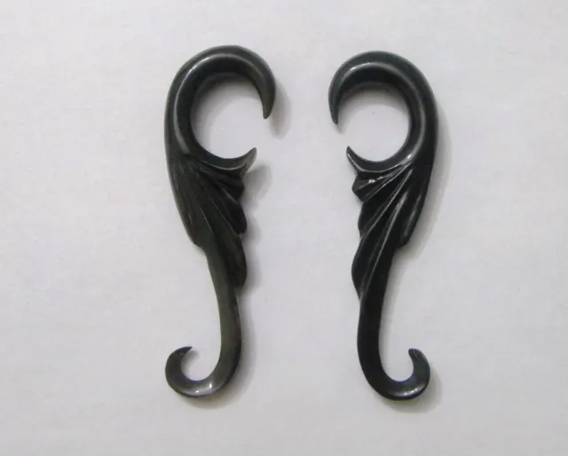 Pair Hand Carved Feather Wing HORN TRIBAL FLORAL SPIRALS EAR TAPER PLUGS GAUGES
