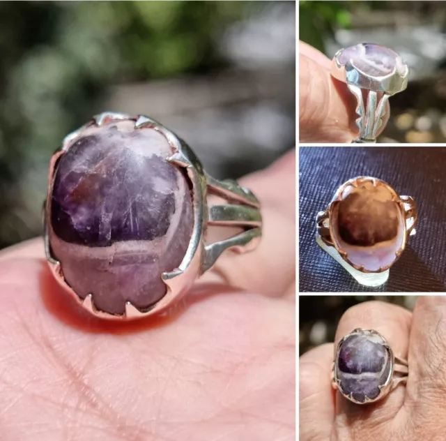 Agateخاتم عقيق يماني بنفسجيYemen Purple stone Beautiful 925silver unisex ring 10